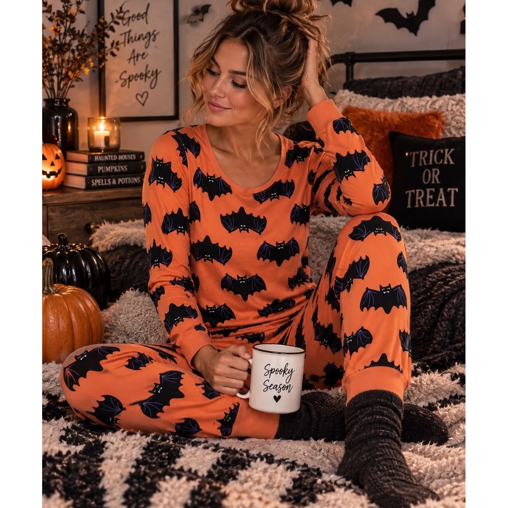 Old Navy Halloween Pajama Set Womens M Orange Bats Spooky Matching Family 2023